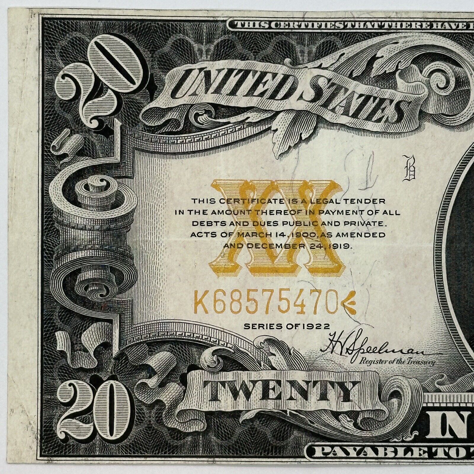 1922 $20 Twenty Dollar United States US Gold Certificate Large Sized Note_4