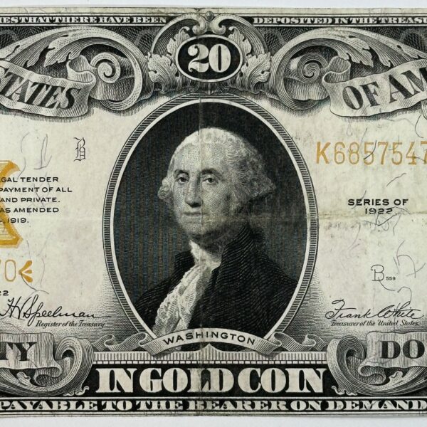 1922 $20 Twenty Dollar United States US Gold Certificate Large Sized Note