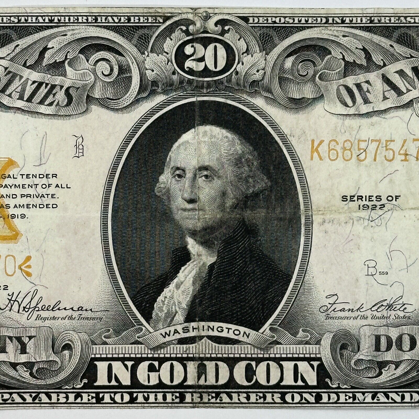 1922 $20 Twenty Dollar United States US Gold Certificate Large Sized Note_5