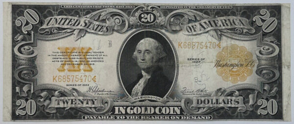 1922 $20 Twenty Dollar United States US Gold Certificate Large Sized Note