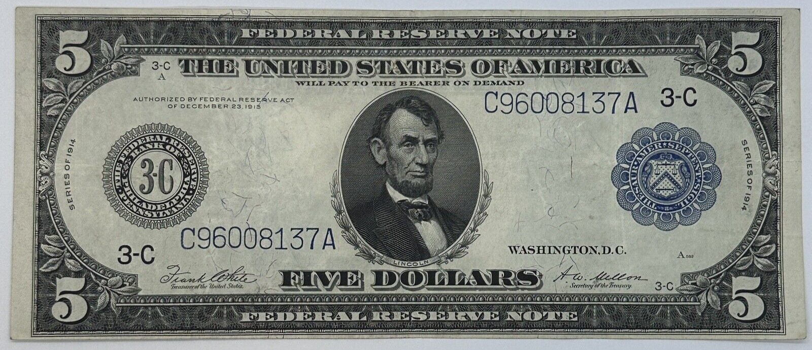 1914 $5 Five Dollar United States Federal Reserve Note Large Blue Seal Bill_0