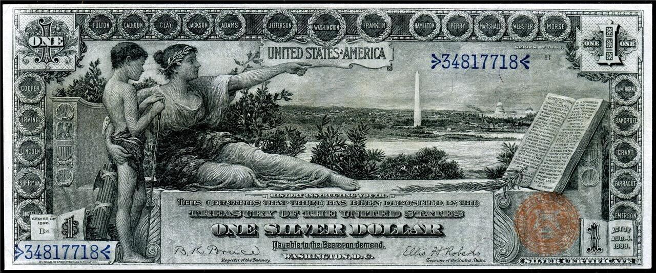 1896 $1 One Dollar United States Silver Certificate Educational Large Sized Note_2