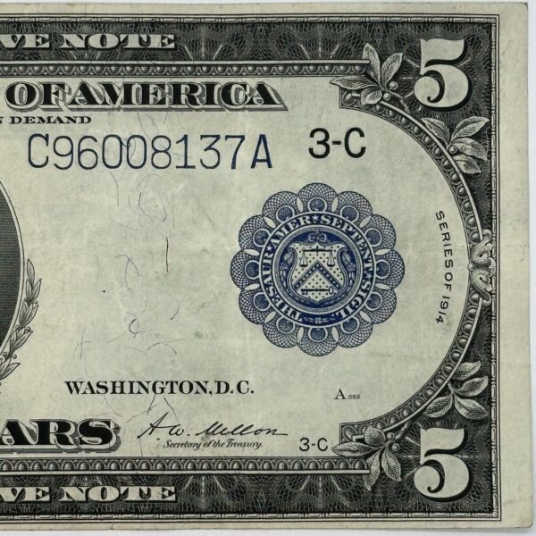 1914 $5 Five Dollar United States Federal Reserve Note Large Blue Seal Bill