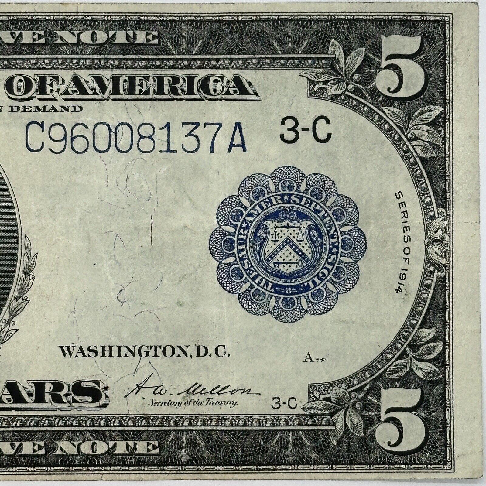 1914 $5 Five Dollar United States Federal Reserve Note Large Blue Seal Bill_4