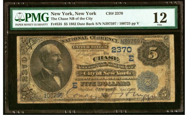 1882 $5 New York, New York Date Back Chase National Bank Note Fr. 535