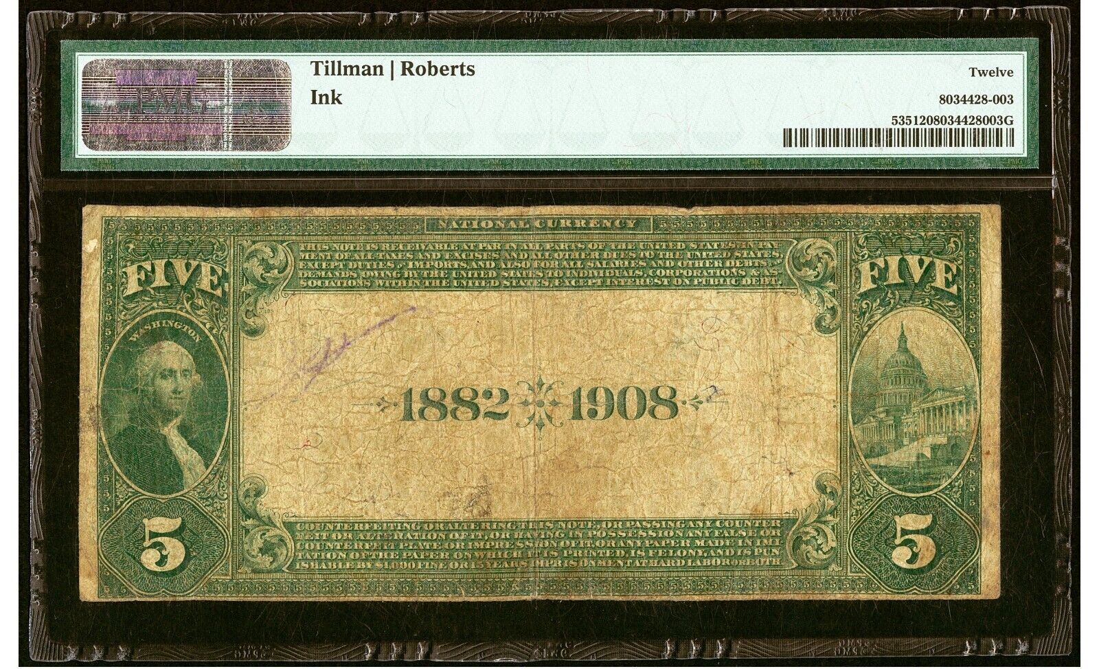 1882 $5 New York, New York Date Back Chase National Bank Note Fr. 535