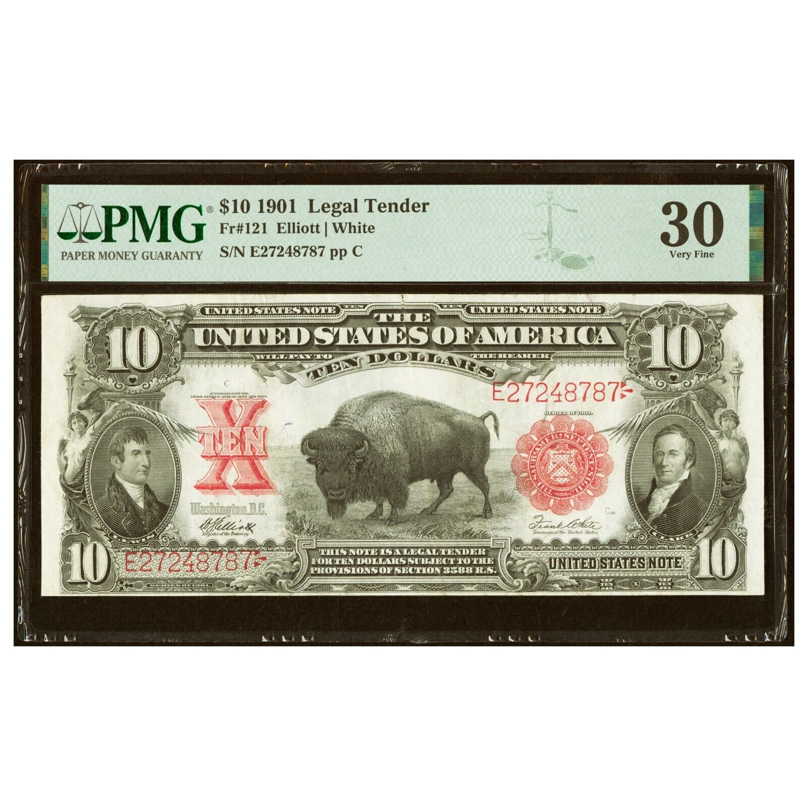 1901 $10 Ten Dollar Legal Tender Red Seal United States Bison Note PMG 30 Fr.121_0