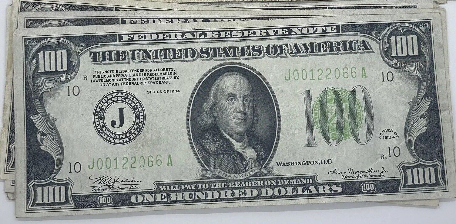 1934 Series $100 One Hundred Dollar Bill Federal Reserve Note j00122066a