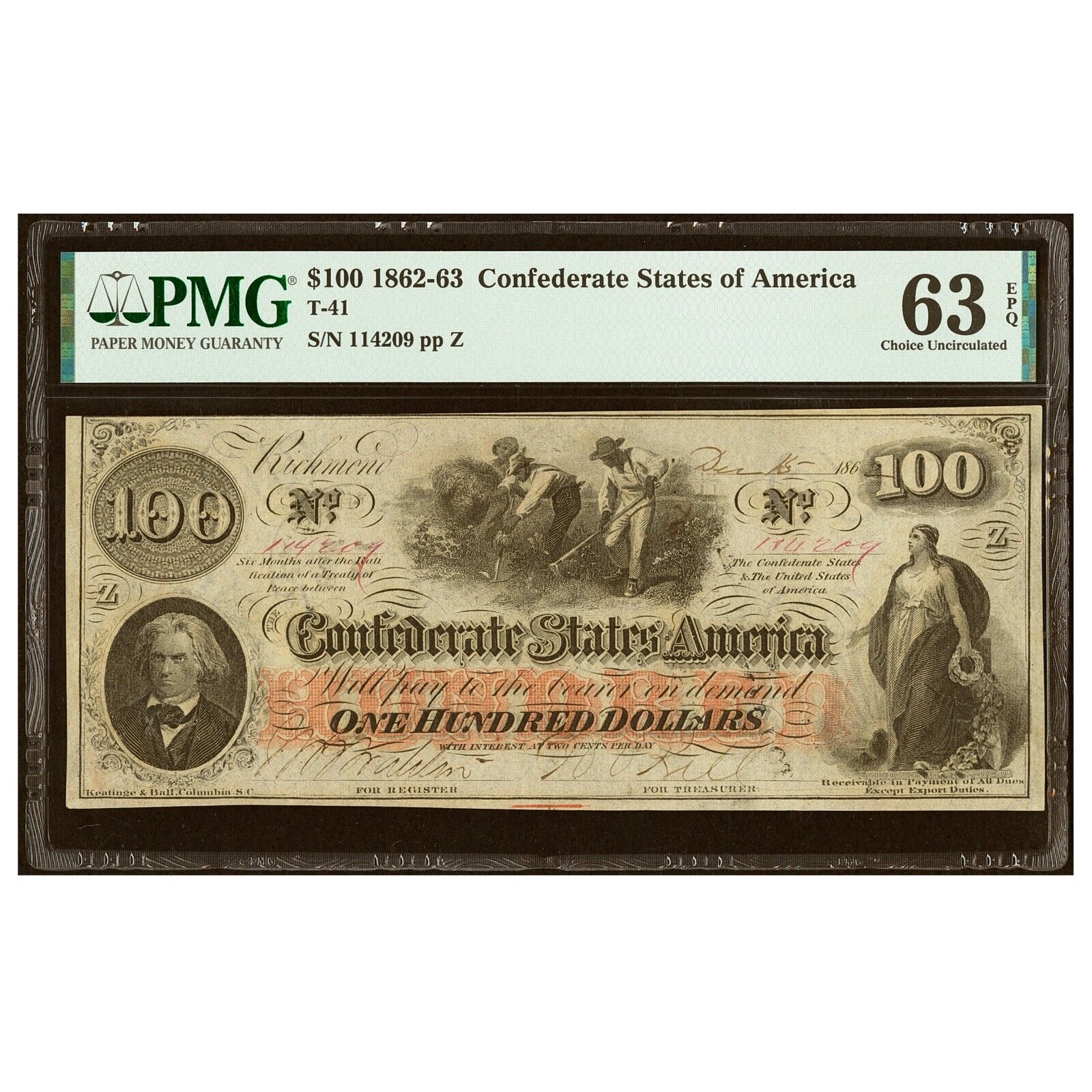 1862-63 $100 Confederate Currency Choice Uncirculated PMG 63 EPQ T41 San Antonio